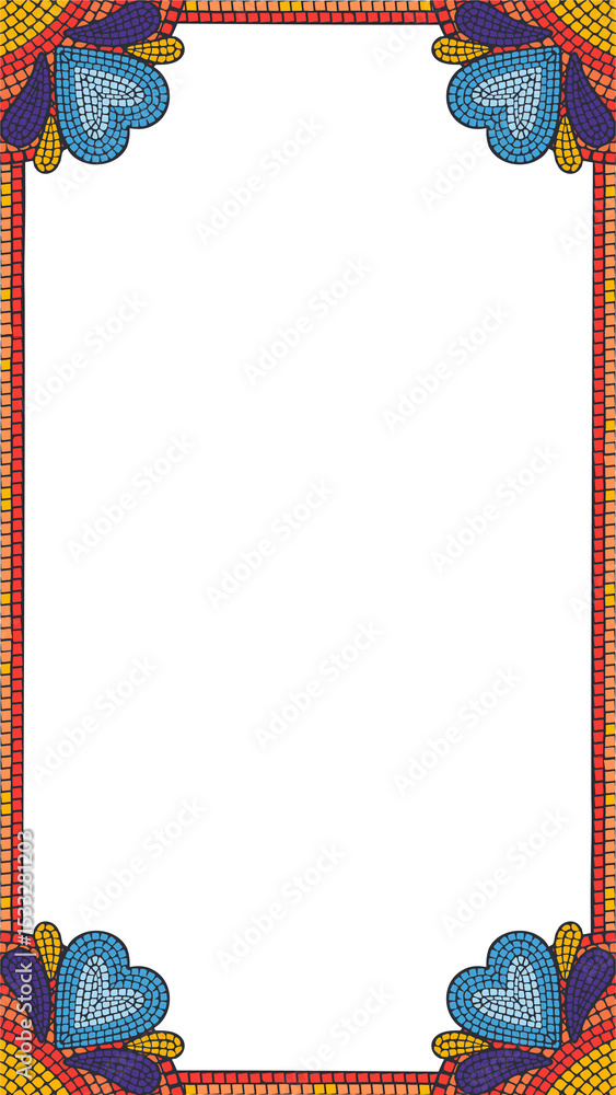 Poster mosaic tile frame is showing transparent core in flat style with corner heart motifs, copy space