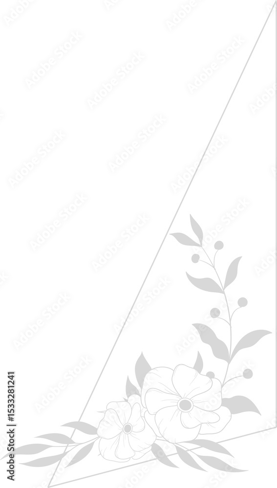 Poster flat line-drawn flowers, leaves and buds are floating in triangular outline on transparent canvas