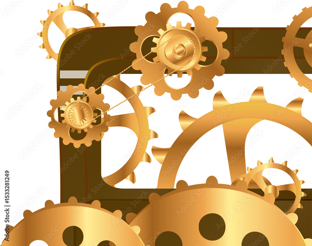 Aufkleber golden gears are rotating in flat design with chain belt and brown frame on transparent background