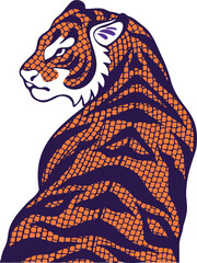 Vector-art tiger is crouching, showing orange spots and purple stripes on transparent background