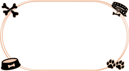 Flat dog rope-frame is showing on transparent background, collar, bowl, bone paw icons, copy space