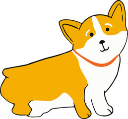 Stylized cartoon corgi dog is in profile showing orange collar in flat style transparent background