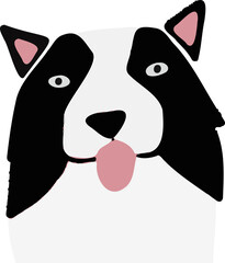 Cartoon dog head is showing flat design, bold patches, pink ears, tongue on transparent background