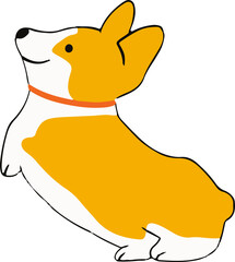 Stylized cartoon corgi dog is sitting in profile on transparent background, showing orange collar