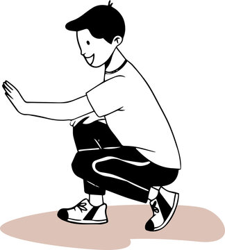 Fototapeta Male figure is squatting and balancing on beige base in cartoon with transparent background