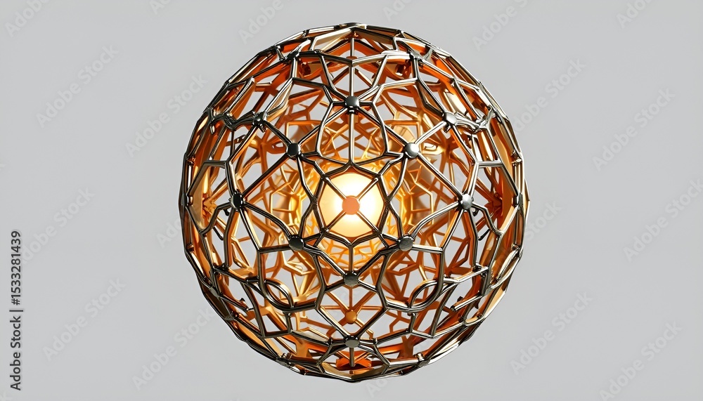 Poster abstract golden sphere with intricate geometric patterns glowing from its warm illuminated core.
