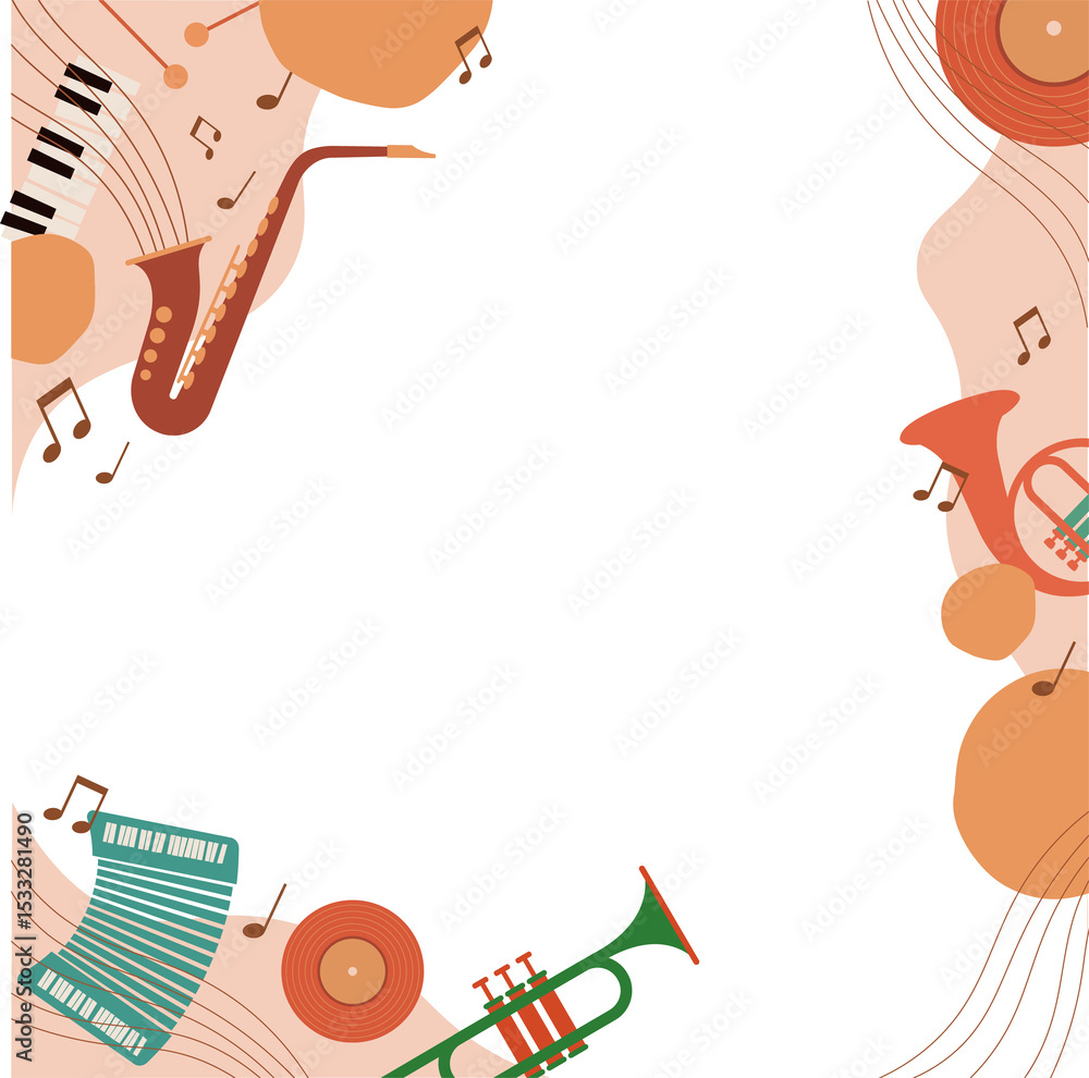 Poster flat vector border is featuring instruments, notes and abstract circles, transparent background