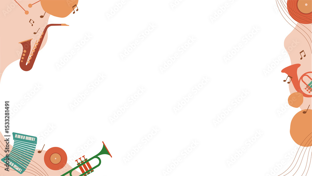 Poster flat design musical border is featuring instruments, records and notes on transparent background