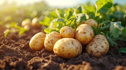 Freshly harvested potatoes growing in a fertile field under the warm sunlight and clear blue sky. 