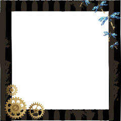 Steampunk frame is showing teal panel border golden gears blue butterflies, transparent background