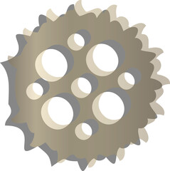 3D metallic gear is featuring scalloped edge and circular cutouts on transparent background