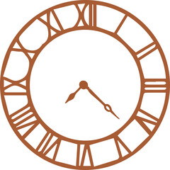Clock face is displaying Roman numerals and hands in copper vector design on transparent backdrop