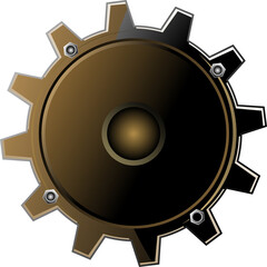3D render is featuring metallic gear with brass-black gradient, silver bolts, transparent backdrop