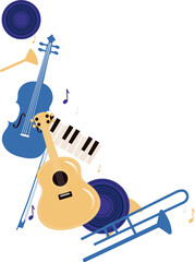 Flat collage is showing cello, guitar, keyboard, vinyls, trombone, notes on transparent background