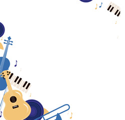 Flat frame is forming on clear background with guitar, cello, piano, trombone, notes, copy space