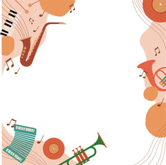 Flat vector border is featuring instruments, notes and abstract circles, transparent background
