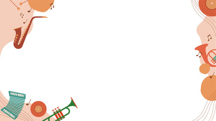 Flat design musical border is featuring instruments, records and notes on transparent background