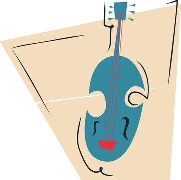 Stylized string instrument is floating on transparent background with red strings in flat design