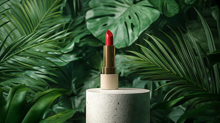 Red lipstick on a pedestal amidst lush greenery.