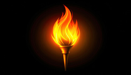 Fiery orb of orange and yellow flames dances atop torch, casting ominous glow against inky black background, evoking sense of warmth and intensity