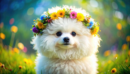 Fluffy white pomeranian dog adorned with delicate wreath of vibrant flowers stands majestically in colorful meadow, radiating joy and charm