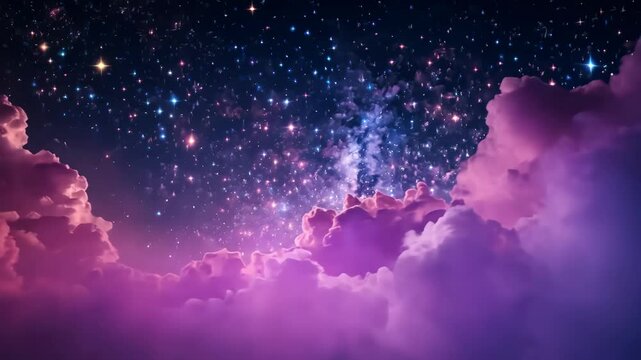 Dramatic night sky with pink clouds and bright stars and Milky Way galaxy forming celestial scenic space landscape. - Powered by Adobe