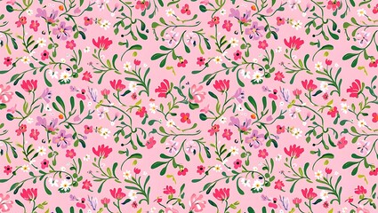 Pretty Pink Floral Pattern Delicate Blooms and Lush Greenery