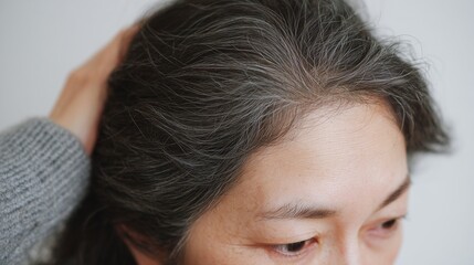 Fototapeta premium 白髪、生え際白髪をチェックする女性