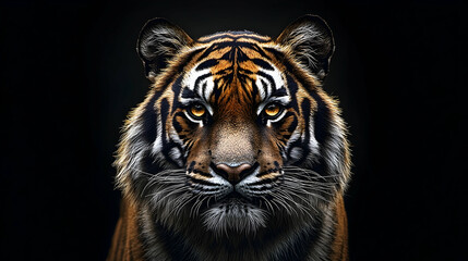Fototapeta premium Close-up of a tiger's face against a black background.