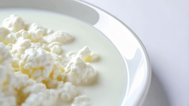 Close-up view of fresh cottage cheese curds immersed in creamy white liquid, showcasing the texture and color variations on plate