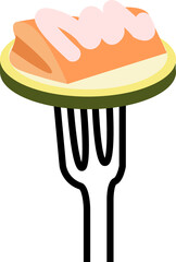 Fork is skewering salmon fillet with pink sauce on green rim in flat vector, transparent background