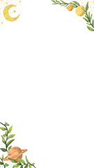 Watercolor border is showing transparent background with yellow moon, leaves, fruits, gold speckles