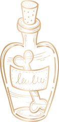 Line-art glass bottle is sitting on transparent backdrop with heart-loop stirrer and cursive label