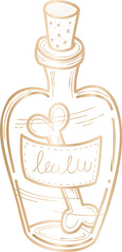 Fototapeta Line-art glass bottle is sitting on transparent backdrop with heart-loop stirrer and cursive label