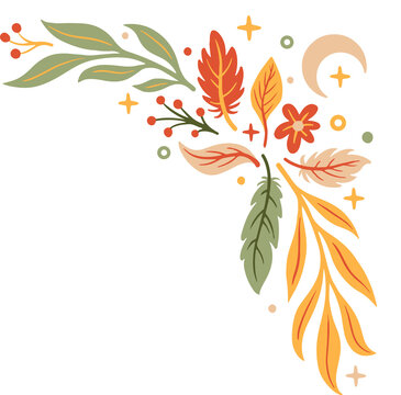 Naklejki Showing corner ornament in vector with leaves, berries, flower, moon on transparent background