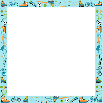 Fototapeta Flat design frame is featuring bicycle, racket and ball icons around transparent center, copy space