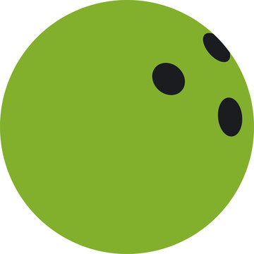 Green bowling ball resting on clear background in flat style showing three finger holes, copy space