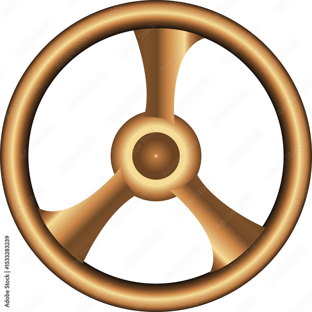 Poster golden three-spoke wheel is floating in 3d render on transparent background with smooth gradient