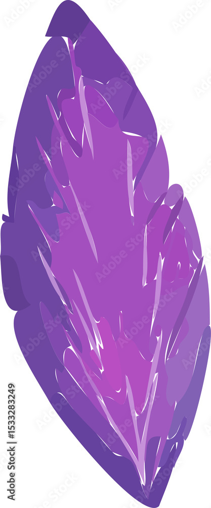 Poster stylized purple feather in flat design is floating on transparent background with gradient stripe