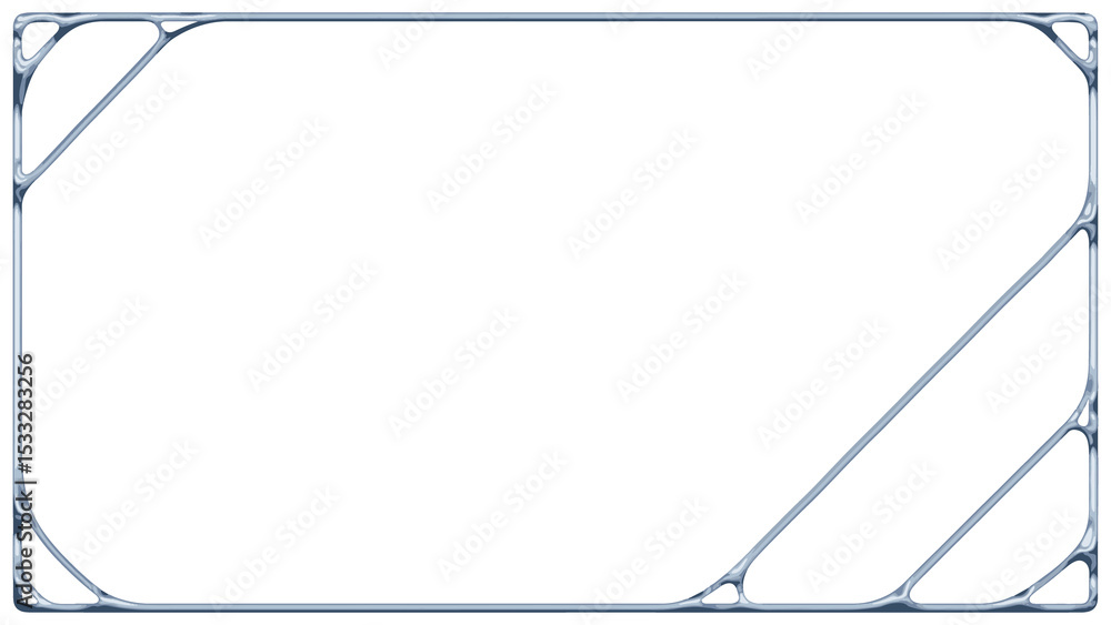 Poster silver-blue metallic frame floating on transparent backdrop showing curved corners diagonal struts