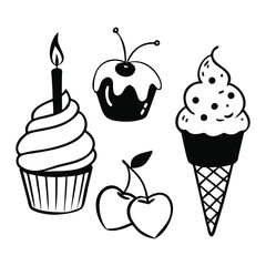 Adorable Food Icon Set with Ice Cream, Cupcake, and Strawberry in Simple Black Line Art.