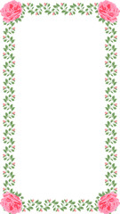 Pixel art frame showing green vine leaves, pink roses on transparent background, copy space
