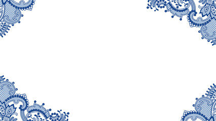 Decorative blue paisley lace border is framing empty center on transparent base, with floral swirls © vectorfusionart