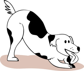 Cartoon dog is bowing playfully on brown ground patch, holding bone toy, on transparent background
