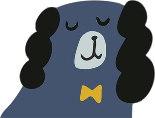 Dark blue dog showing floppy ears and wearing yellow bow tie in flat design, transparent background