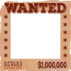 Fototapeta premium Western wanted poster frame showing flat, transparent background, sheriff stars, copy space