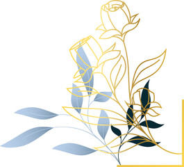 Flat design rose trio is showing gold outlines and pale blue leaves on transparent background