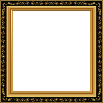 Fototapeta Flat square frame featuring gold scrollwork black border floral motifs on transparent backdrop