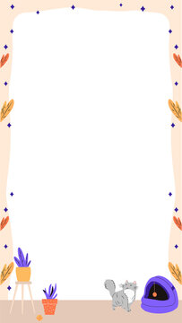 Fototapeta Decorative frame template is featuring transparent background with flat border, orange leaves, cat