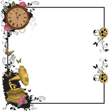 Fototapeta Flat frame showing clock, golden phonograph, reel, filigree, rose on transparent bg, copy space